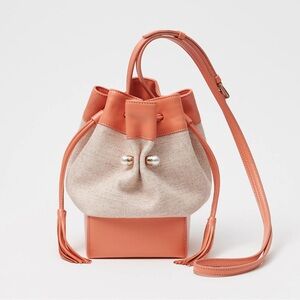 Adeam Kimono Leather Linen Pearl Bucket Bag NEW Salmon Pink Ivory